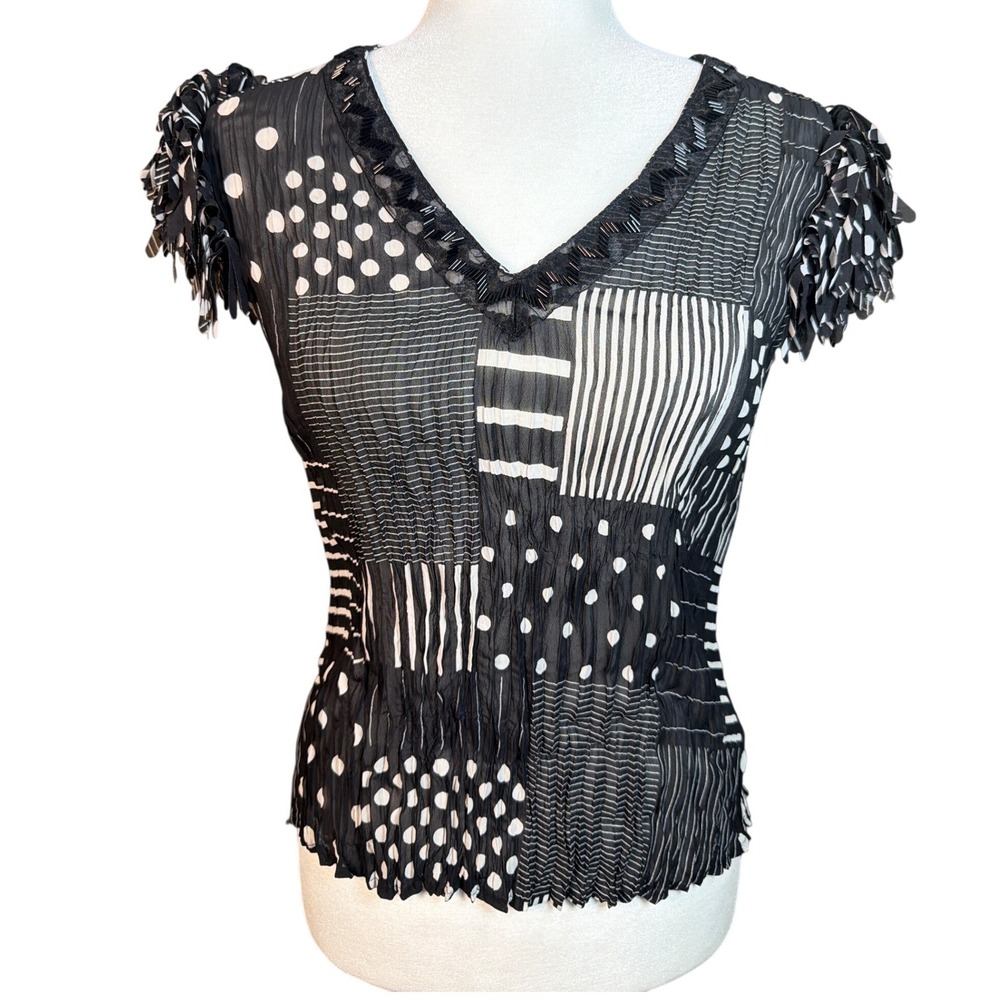 Kaelyn‎ Max Black White Patchwork Polka Dot Striped Pleated Beaded V-Neck Top L